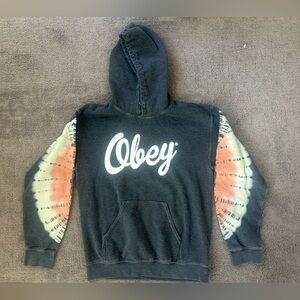 Obey Charcoal Gray Hoodie Tie Dye Sleeve Logo Sweatshirt Size Small Streetwear